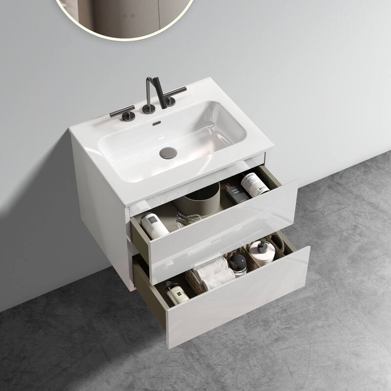 GDFStudio - Coralie Modern Floating Bathroom Vanity with Integrated Ceramic Sink and Soft-Close Storage