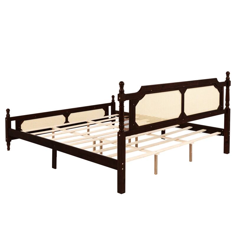 King Size Platform Bed with Rattan Headboard, Underbed Storage, Solid Pine Wood Frame