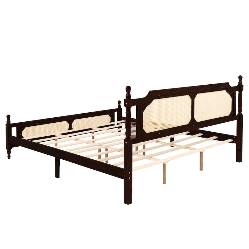 Low-profile Platform Bed with Rattan Headboard Footboard, Wood Slats and Central Enhanced Legs Support, No Box Spring Needed