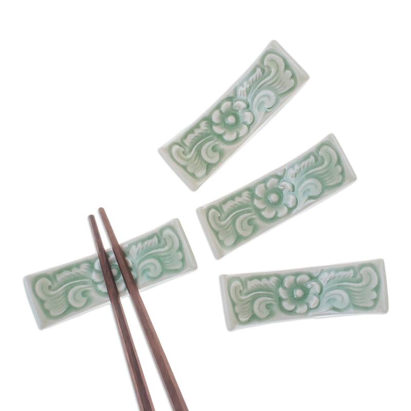 Novica Handmade Flower Cuisine Celadon Ceramic Chopstick Rests (Set Of 4)