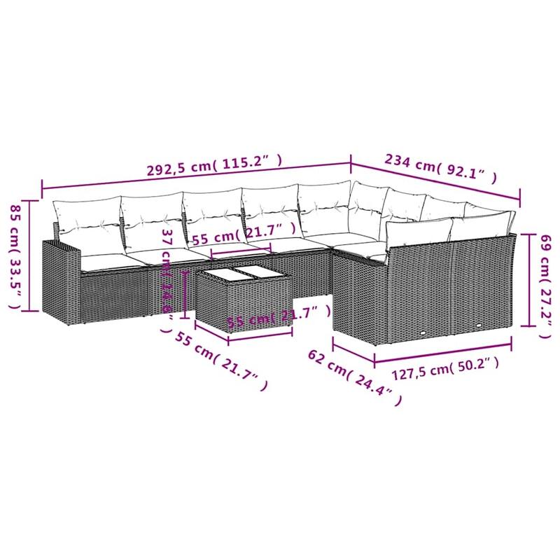 vidaXL 10 Piece Patio Sofa Set with Cushions Poly Rattan (US only) - 21.7x14.6x21.7