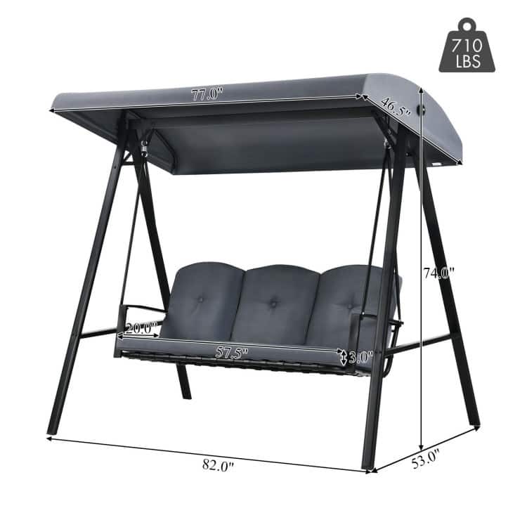 Outdoor 3-Seat Porch Swing with Adjust Canopy and Cushions - 114" x 53" x 74" (L x W x H)