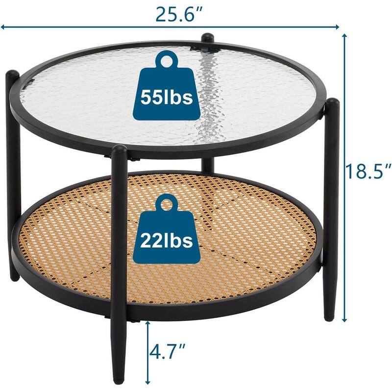 25.59in Double-Layered Circular Rippled Glass + PE Rattan Panel, Black Iron Frame Coffee Table