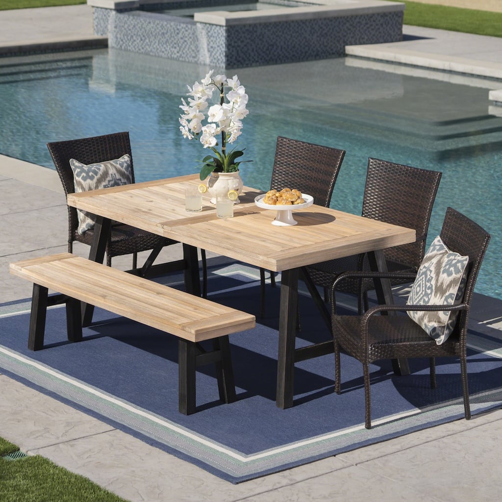 Philippa Outdoor 6 Seater Acacia Wood Dining Set with Wicker Stacking Chairs by Christopher Knight Home