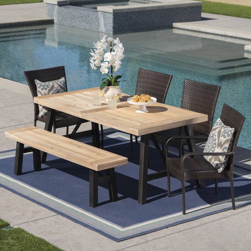 Philippa Outdoor 6 Seater Acacia Wood Dining Set with Wicker Stacking Chairs by Christopher Knight Home - 6-Piece Sets