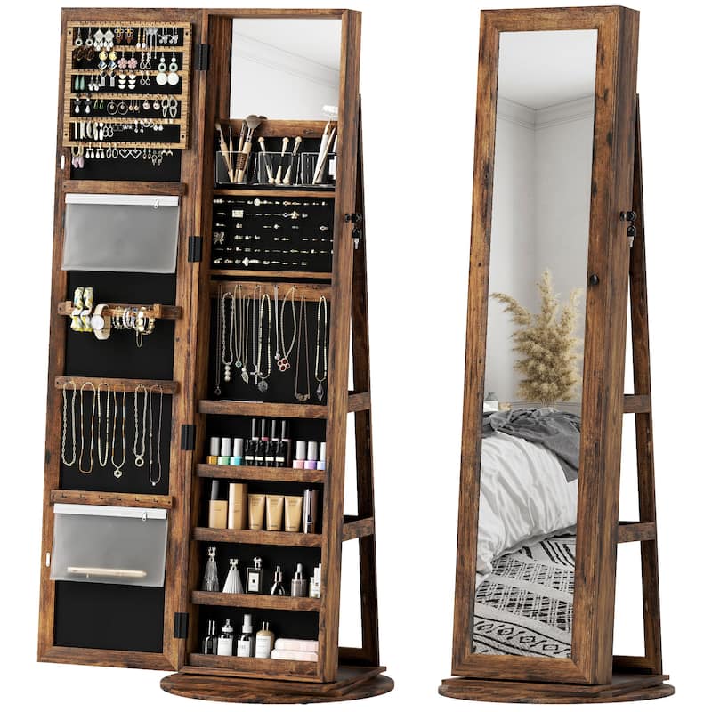 HOMCOM 360° Swivel Jewelry Cabinet, Lockable Jewelry Armoire Organizer with Full-Length Mirror for Bedroom Living Room - Brown