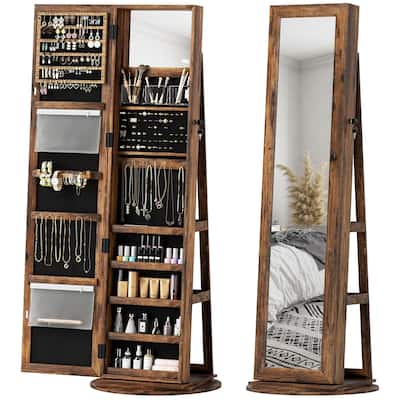 HOMCOM 360° Swivel Jewelry Cabinet, Lockable Jewelry Armoire Organizer with Full-Length Mirror for Bedroom Living Room