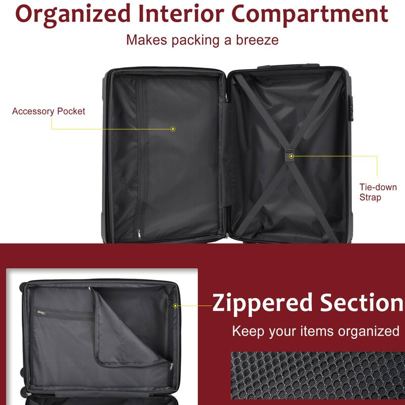 Durable 3-Piece Luggage Set, Expandable Hardshell ABS with Double Spinner Wheels & TSA Lock (20/24/28)