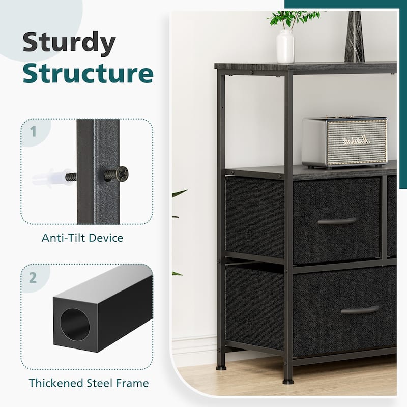 CoolArea 5-Drawer Dresser, Fabric Chest Storage Tower with Wooden Top and Open Shelf