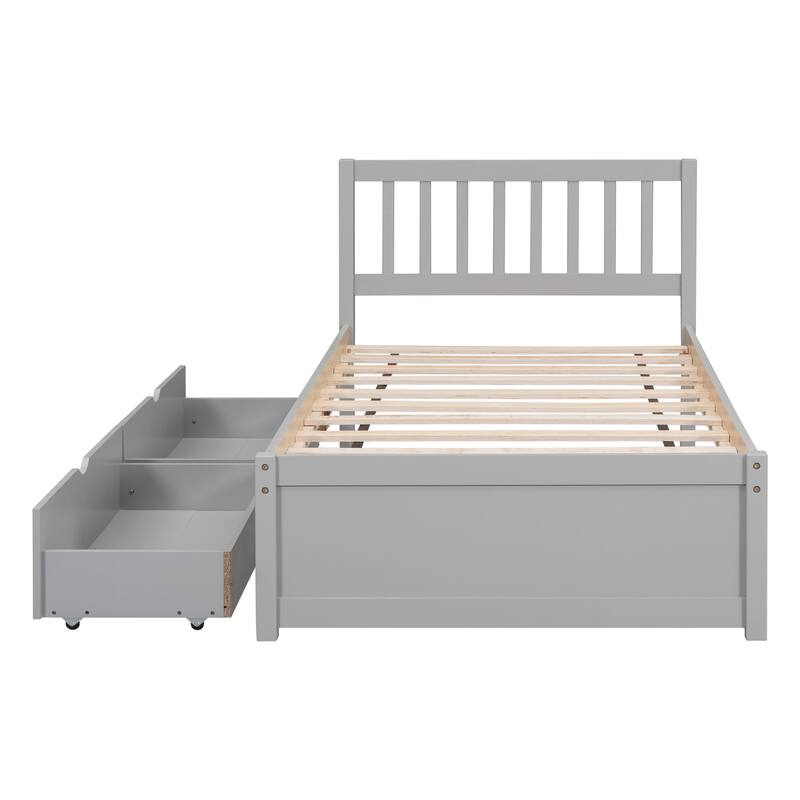 Wooden Twin Size Storage Platform Bed with Drawers and Fence Headboard
