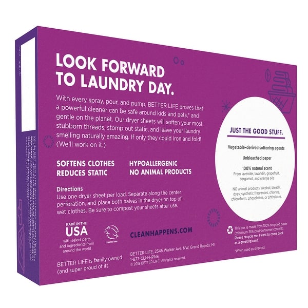 Better Life Hypoallergenic Dryer Sheets, Lavender Grapefruit, 80 Count