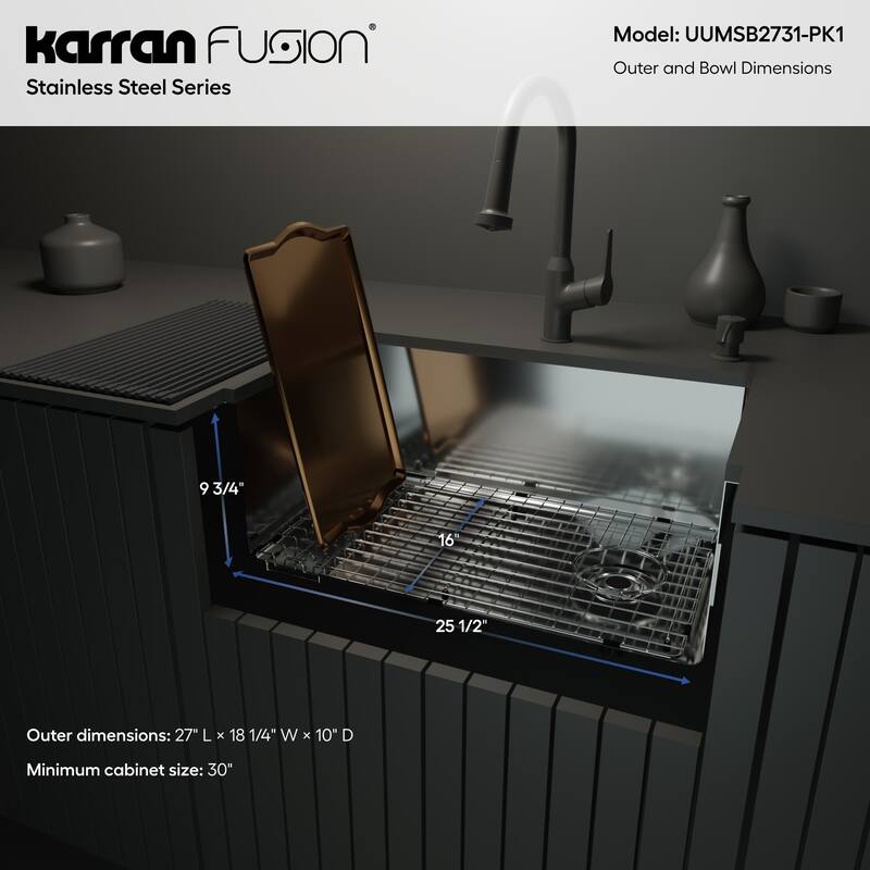 Karran USA UUMSB2731-PK1 Fusion 27" Undermount Single Basin Stainless