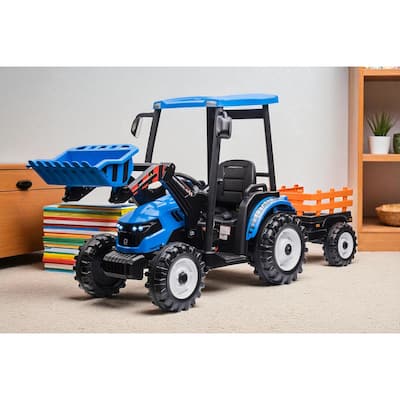 24V Kids Ride On Tractor with Remote Control, Electric Pedal Car with Trailer, Working Loader & Backhoe Digger