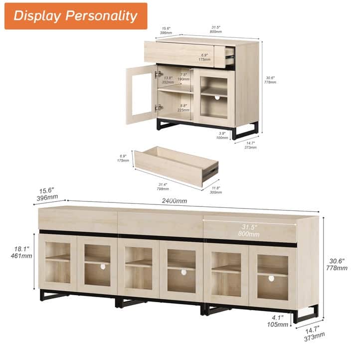 WAMPAT Multifunctional Sideboard Buffet Cabinets with 6 Glass Doors and Drawers, Modern Sideboard, Coffee Bar Storage Cabinet