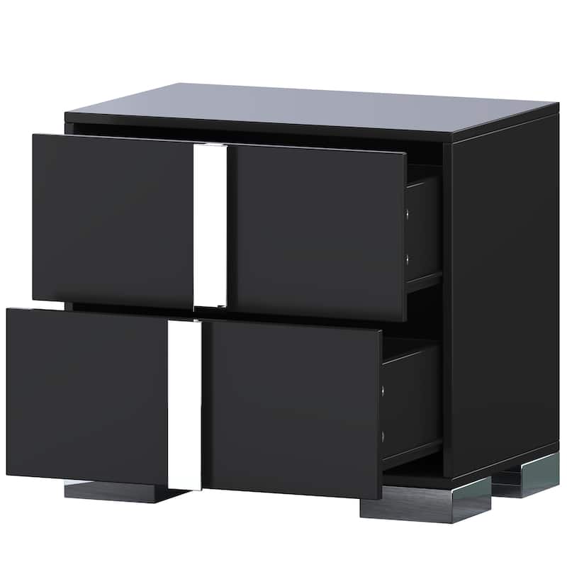 Elegant Mirrored 2-Drawer Nightstand with Metal Feet - Bedside Table for Bedroom/Living Room (Black)