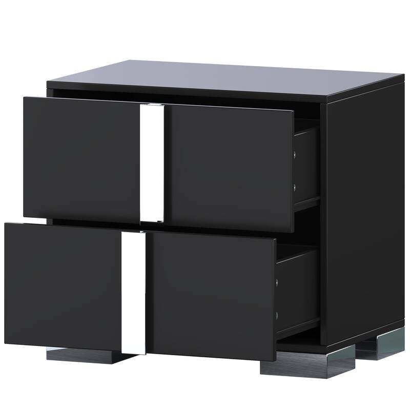 Nightstand with 2 Drawers, Sofa Side Table with Mirrored Metal Handle & Base, Multi-functiona Wooden Accent Table