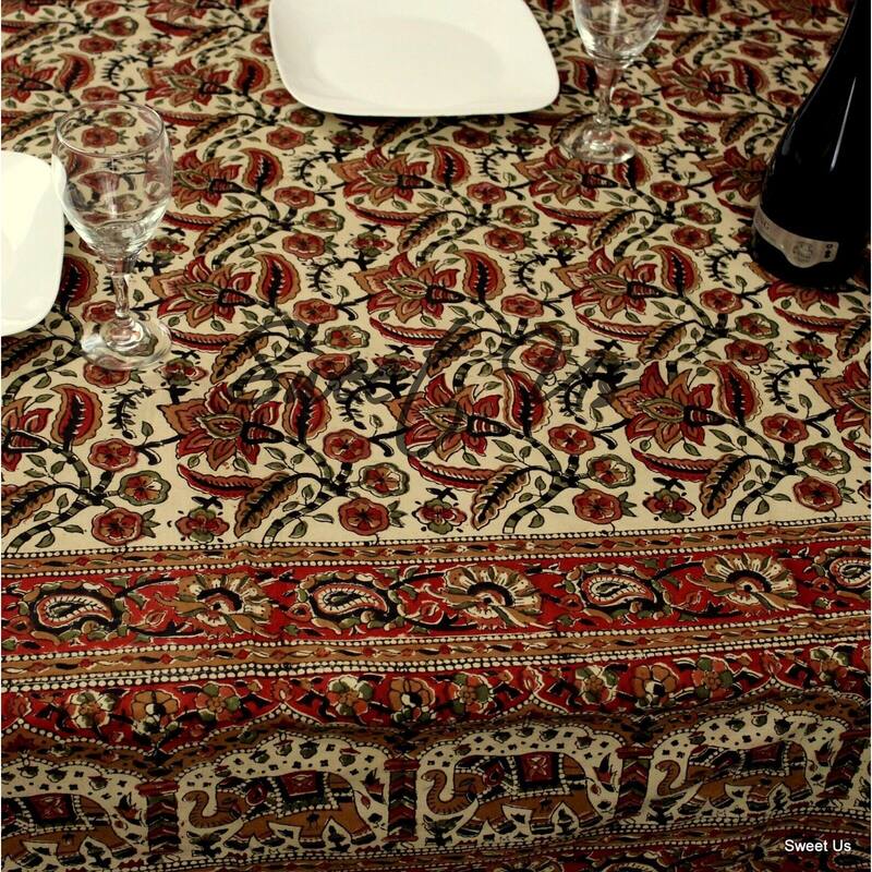 Block Print Floral Paisley Elephant Tablecloth Rectangle - 88 x 102 in. - Beige Gold