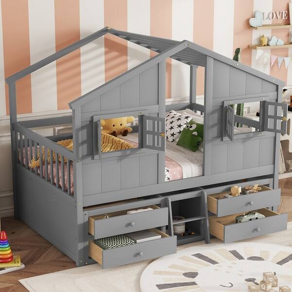 slide 2 of 19, Full Size House Loft Bed with 4 Drawers with Safety Guardrails and Ladder Grey