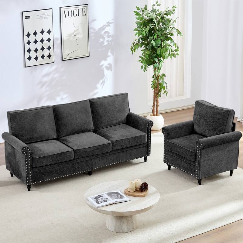 Mixoy Chenille Fabric 3-Seater Sofa Couch with Single Sofa Chair with Rivet Design,Solid Wood Gourd Legs for Living Room - 3+1