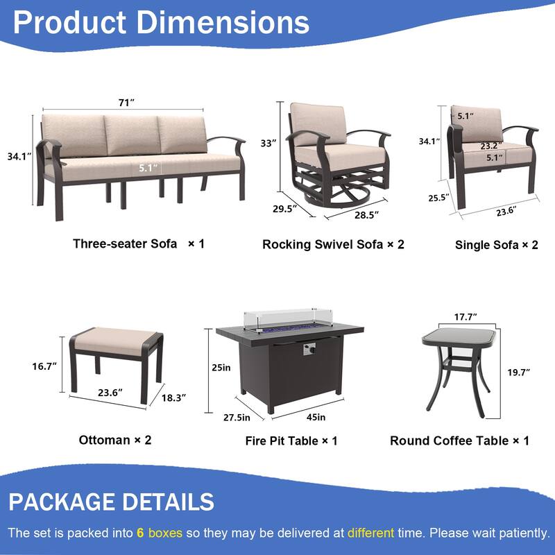 Aluminum Patio Furniture Set with Fire Pit, Ottomans & Rocking-Swivel Chairs, Modular Sofa with Thick Cushions