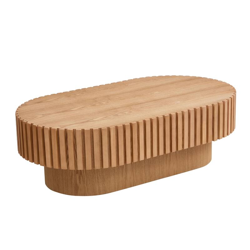 Modern Handcraft Drum Coffee Table Oval Coffee Table for Living Room,Small Wooden Coffee Table with Sturdy Pedestal for Office - Natural