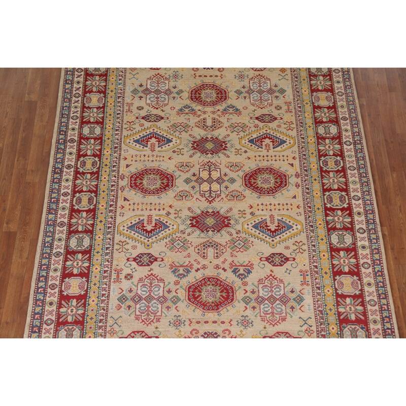 Hand Knotted Oriental 100% Wool Carpet Traditional Tribal Beige & Ivories Kazak Area Rug - 9' 6'' X 6' 9''