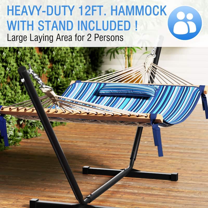 VEIKOUS 12 ft. Quilted Camping Portable Hammock with Stand and Detachable Pillow for 2-Person