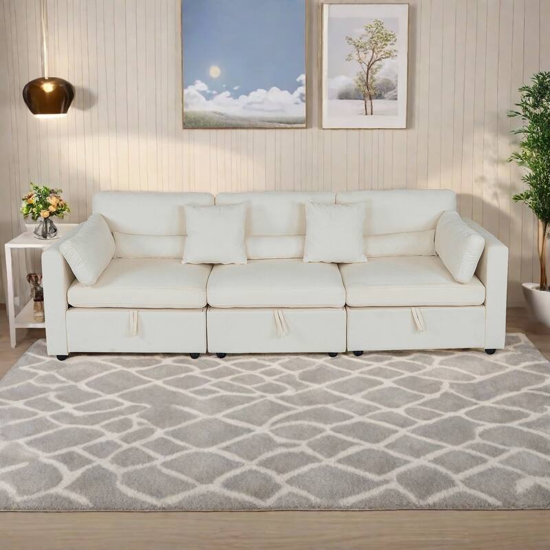 Chenille 3-Seater Sofa with Solid Wood Feet Support, and Rustproof Hardware Feet - Beige