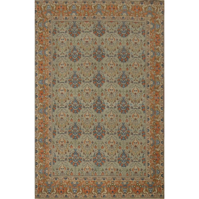 Hand Knotted Oriental 100% Wool Carpet Traditional Floral Green Tabriz Area Rug - 11' 0'' X 8' 1''