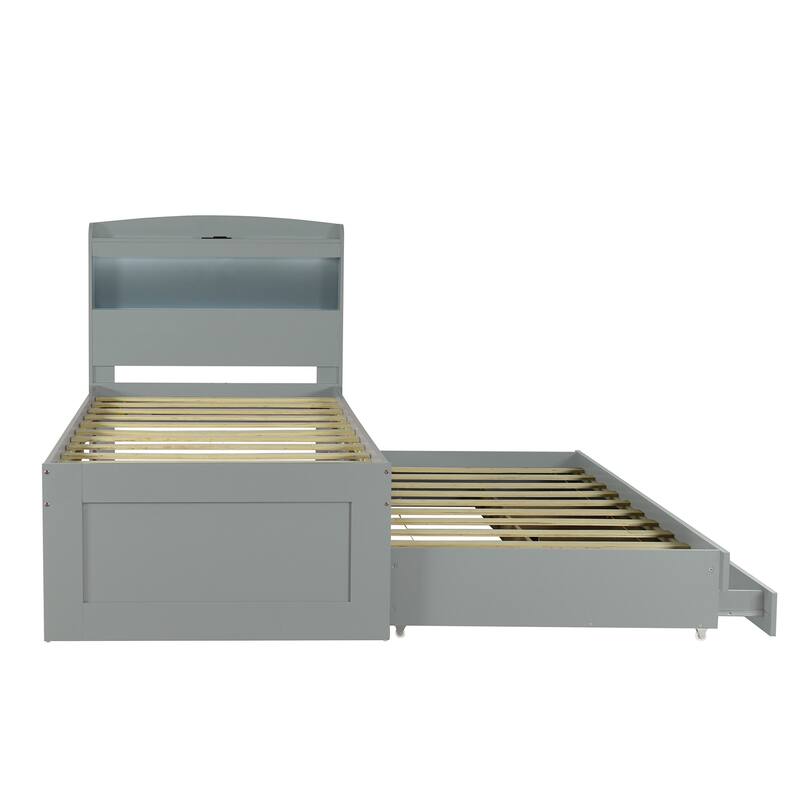 Gray Twin XL Platform Bed with Storage LED Headboard, Charging Station, Trundle and 2 Drawers