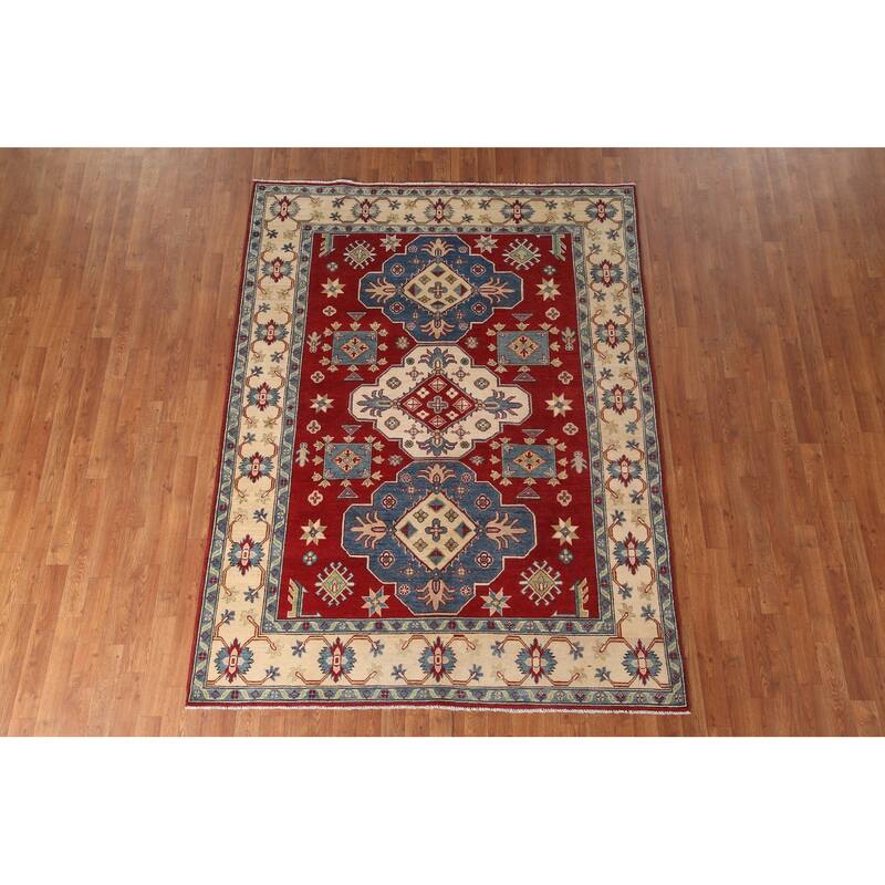 Traditional Kazak Area Rug Hand-Knotted Red Wool Carpet - 5'8" x 7'9"