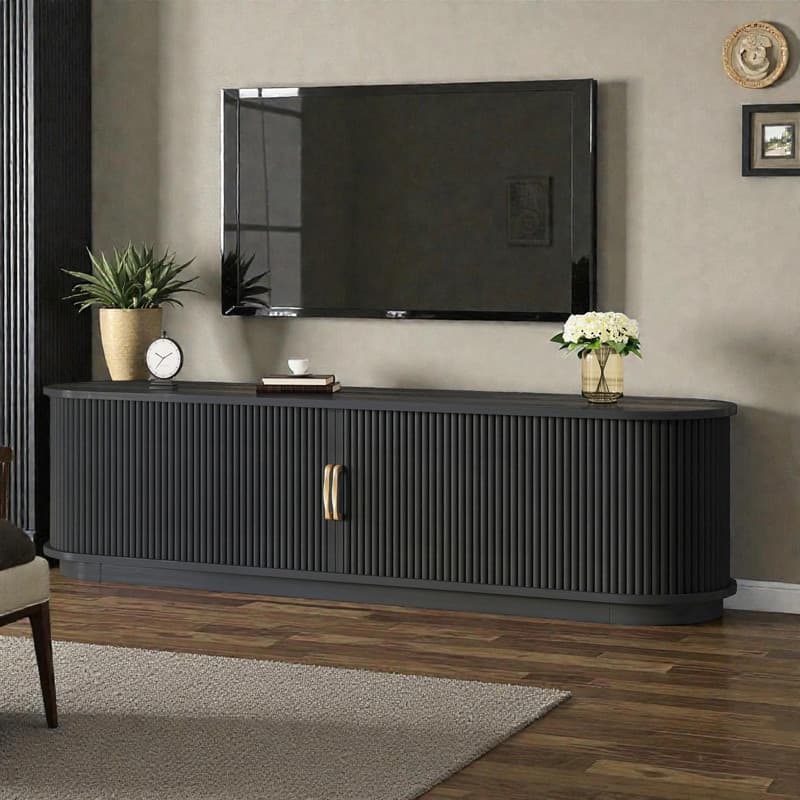 Vintage Rustic TV Stand for TVs up to 75", Sliding Slatted Wood Doors - Black