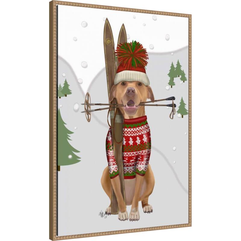 Pitbull Skiing by Fab Funky (23 x 33 in.), Framed Canvas Wall Art Print - Sylvie Beaded Rustic Natural