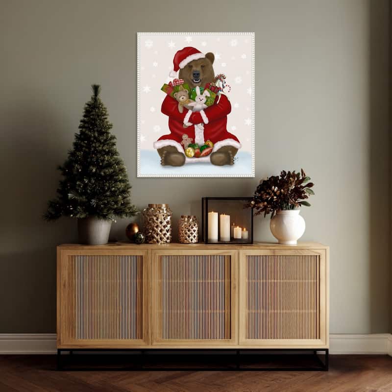 Christmas Christmas Present Bear Hug by Fab Funky (23 x 28 in.), Framed Canvas Wall Art Print - Sylvie Beaded White