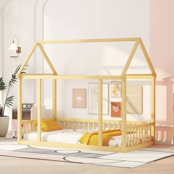 slide 2 of 13, Natural Twin Size Pine Wood Floor Bed with House Roof Frame and Safety Guardrails Twin - Natural