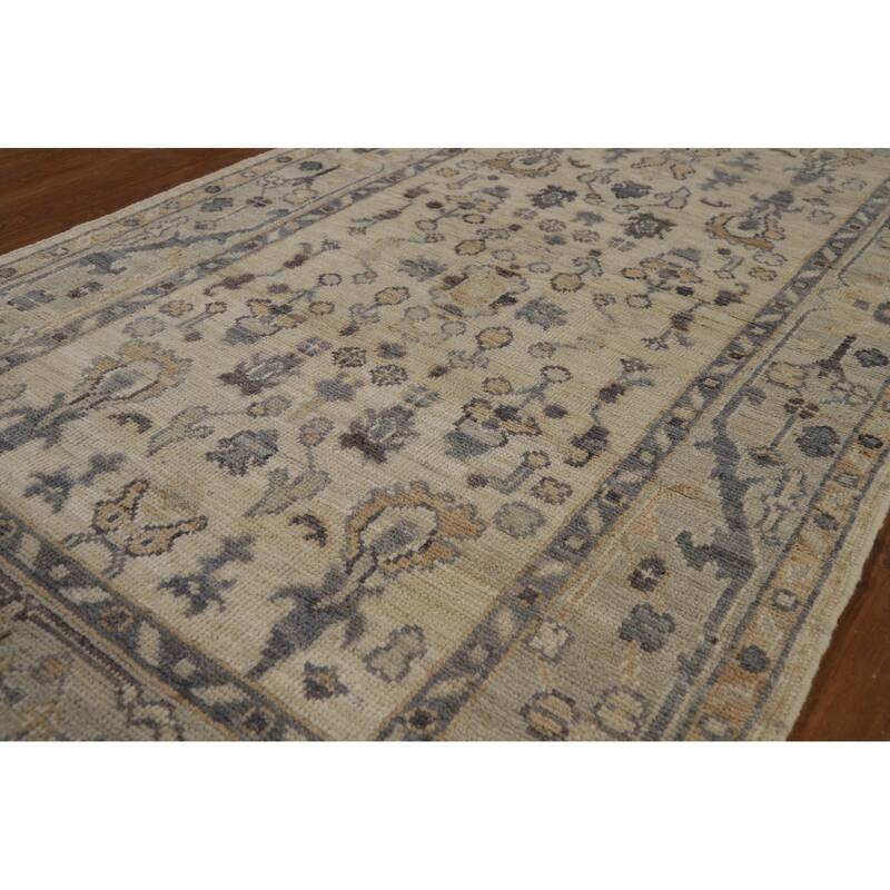 Vegetable Dye Beige Oushak Turkish Runner Rug Hand-Knotted Wool Carpet - 3'2" x 11'10"
