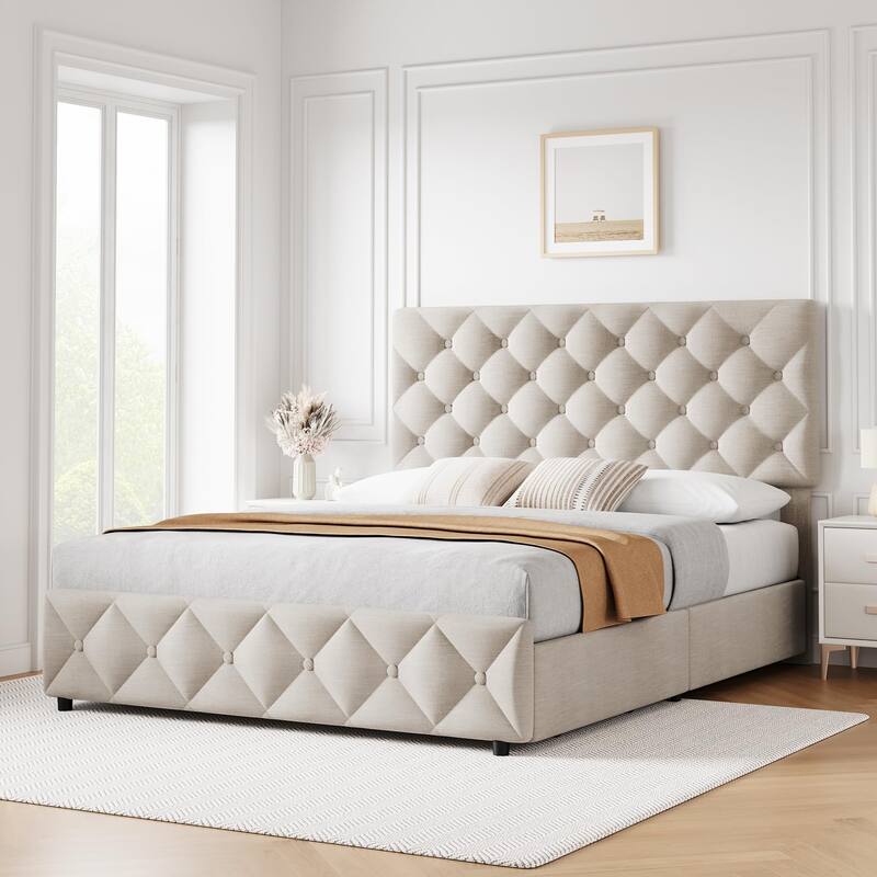 Linen Upholstered Platform Bed Frame Diamond Stitched Button Tufted