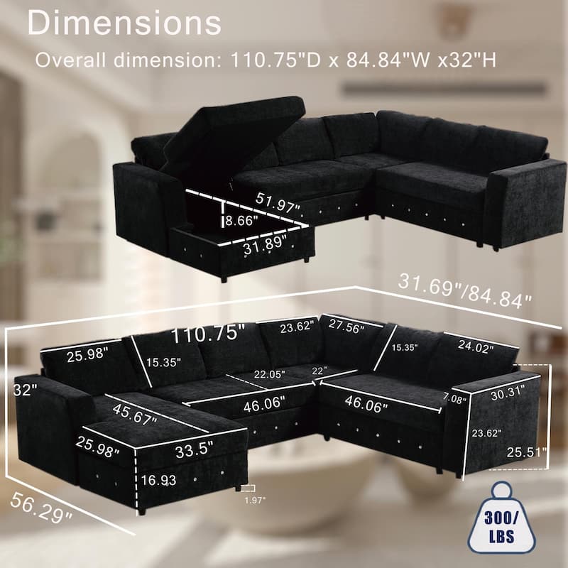 110.75" Sectional Sofa, Modular, U Shaped, Chenille, Black with Storage