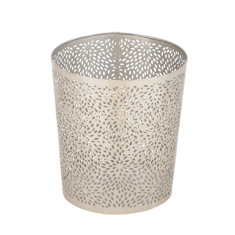 CosmoLiving by Cosmopolitan Silver Metal Small Waste Bin with Laser Carved Floral Design - 9 x 9 x 10
