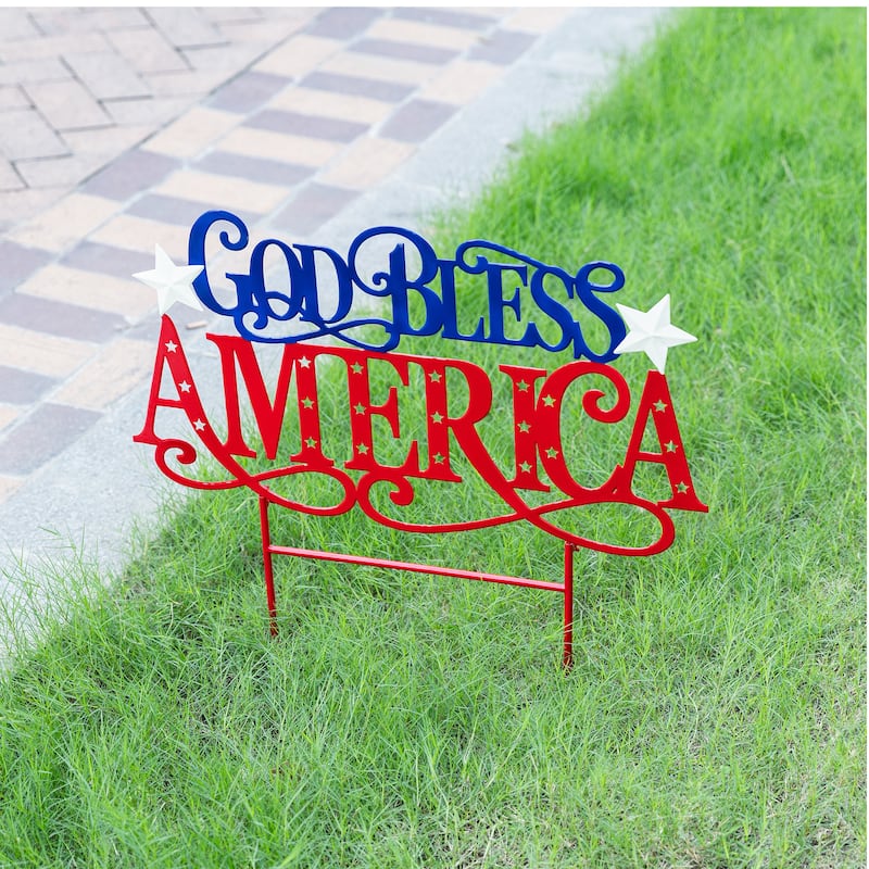 Glitzhome 23.25"H Metal Patriotic GOD BLESS AMERICA Yard Stake