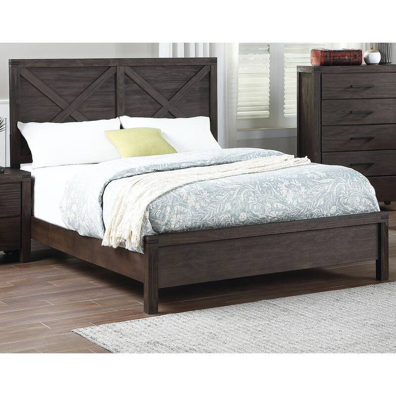 Queen Size Wood Panel Bed with X-Design Headboard and Rustic Contemporary Style