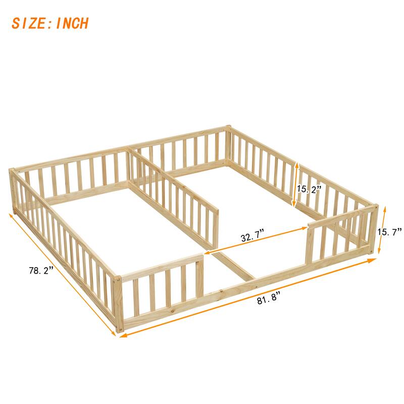 Double Twin Floor Bed with Fence and Guardrails, Natural Pine and Plywood, Assembly Required