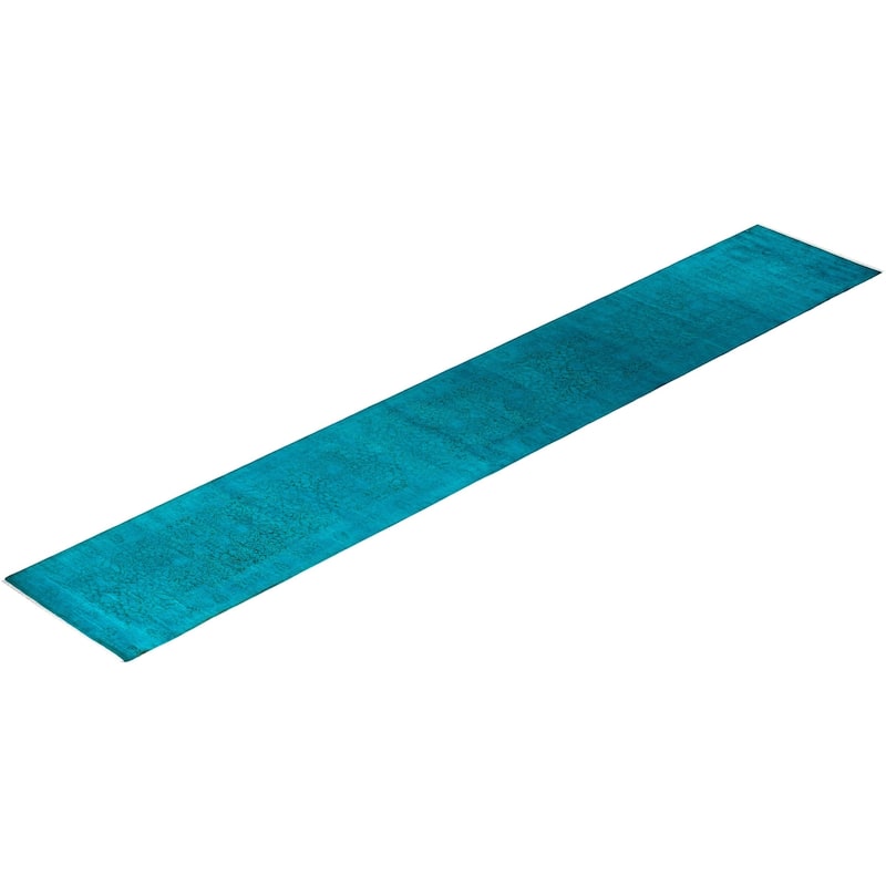 Overton Hand Knotted Wool Vintage Inspired Modern Contemporary Overdyed Blue Runner Rug - 2' 9" x 18' 1"