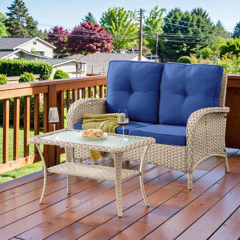 Pocassy Outdoor Loveseat Sofa with Table Funiture Set - Light Beige Wicker Blue Cushion - Loveseat Sofa with Table