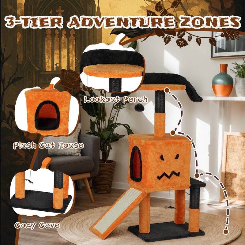 39" Halloween Cat Tree with Condo, Sisal Scratching Posts & Toys - 25.2" L × 12.0" W × 39.0" H
