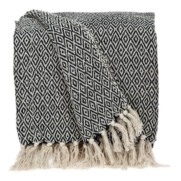 Boho Black and Beige Woven Diamond Pattern Throw with Tassels Boho Black and Beige Woven Diamond Pattern Throw with Tassels