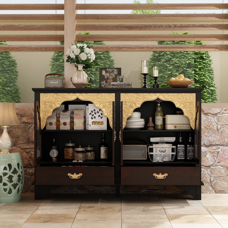 American Retro Solid Wood Carved White Buffet Cabinet Sideboard White Storage