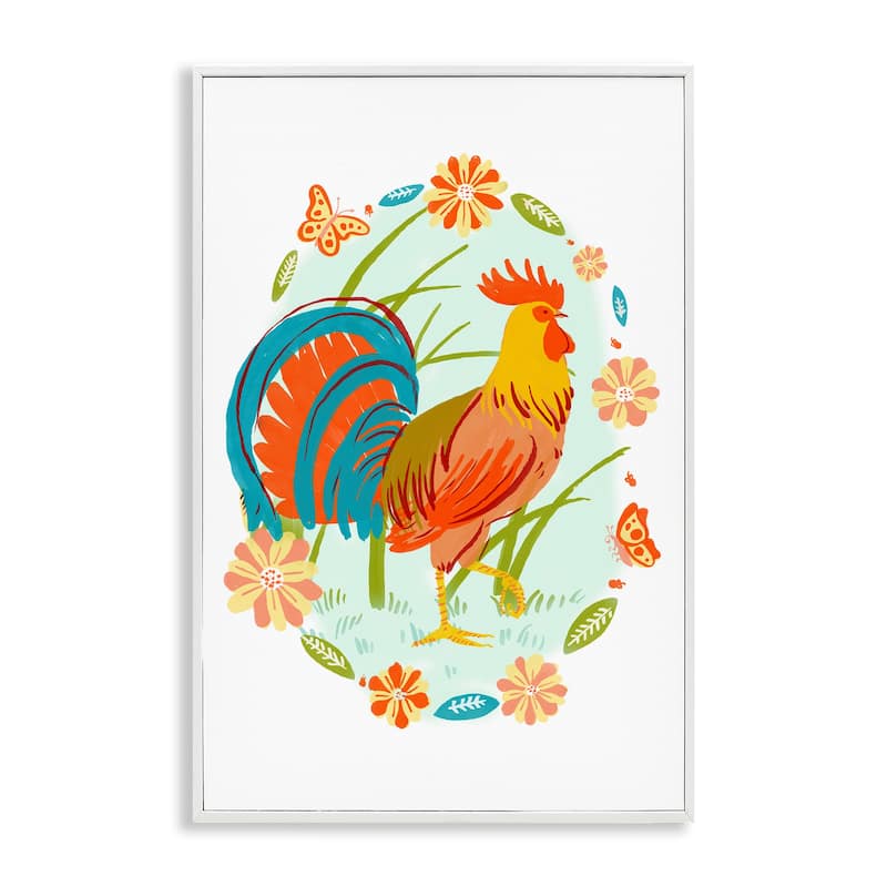 Stupell Rooster with Butterflies Border Framed Giclee Art Design By Hannah Moren - 20 x 30 - White