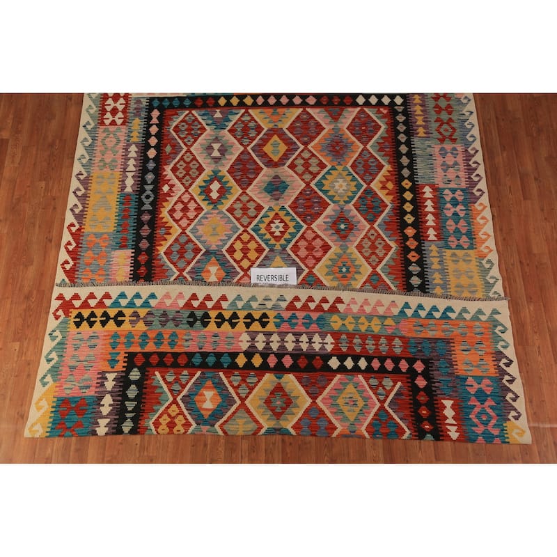 Kilim Oriental Area Rug Flatweave Multi-Color Wool Carpet - 8'1"x 11'2"