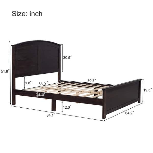 dimension image slide 2 of 3, Farmhouse Wooden Platform Full Size Bed With Curl Design Headboard And Footboard For Teenager, Espresso